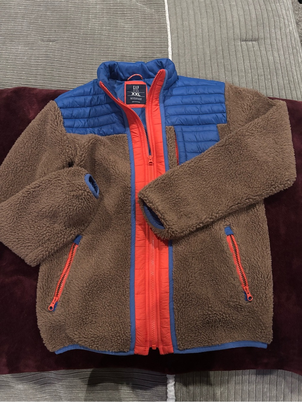 GAP Kids Brown Sherpa Jacket with Blue Yoke and Orange Trim